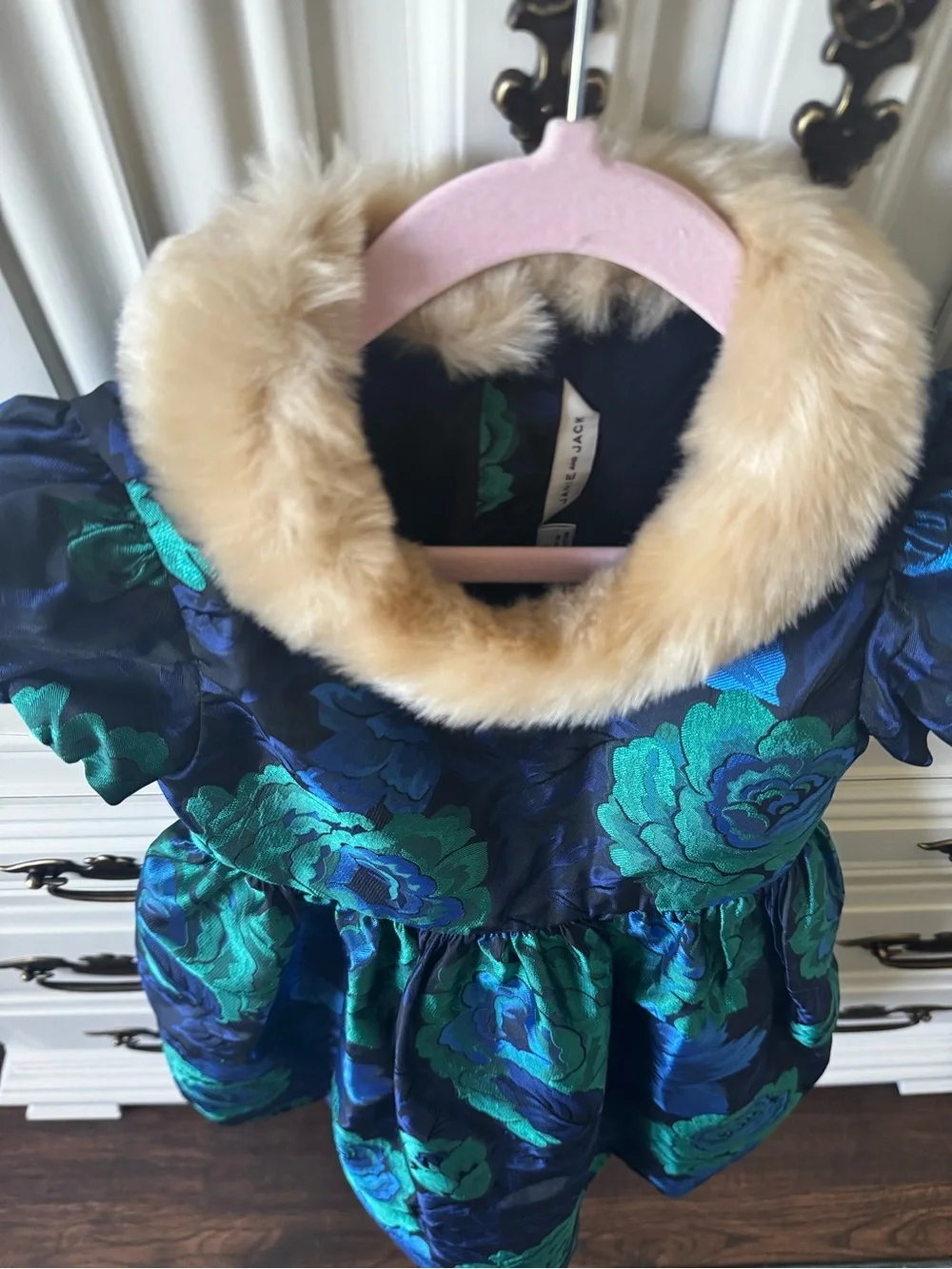Janie and Jack Girls Navy and Teal Floral Party Dress with Faux Fur Collar